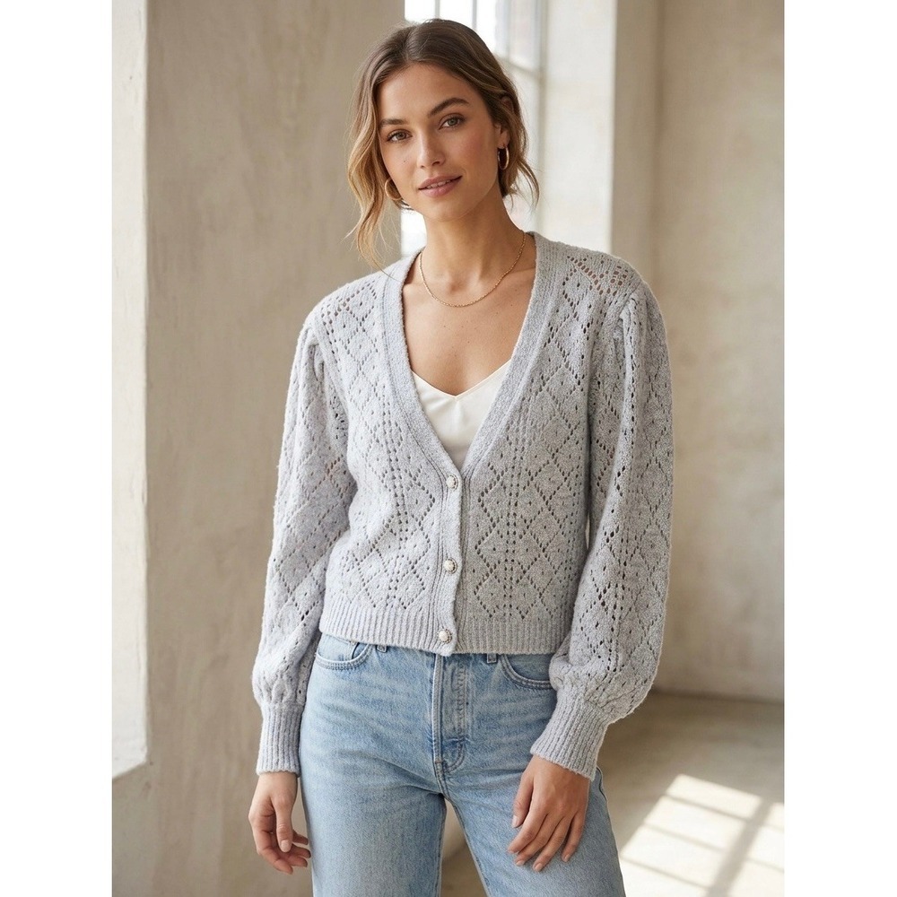 Maeve Anthropologie Gray Pointelle Puff Sleeve Cardigan Sweater XL OB1413969